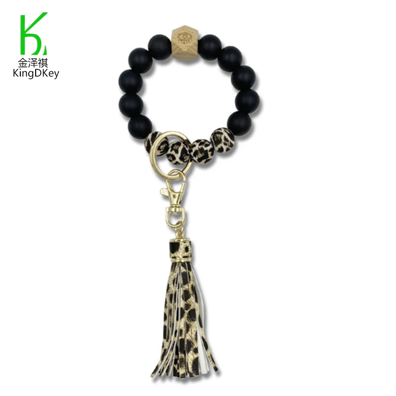 New PU Leather Tassel Wooden Silicone Beaded Bangle Bracelet Keychain Leopard Printed Wrisyband Keyring