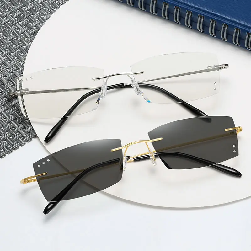 Photochromic Rimless Ultra Light Titanium Frame Anti Blue Light Blocking UV400 Protection Computer Optical Glasses