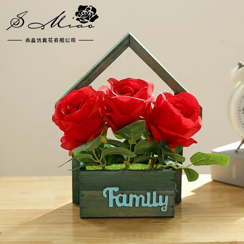 Simple artificial three-head rose and room type wooden pot bonsai bedroom table top decoration