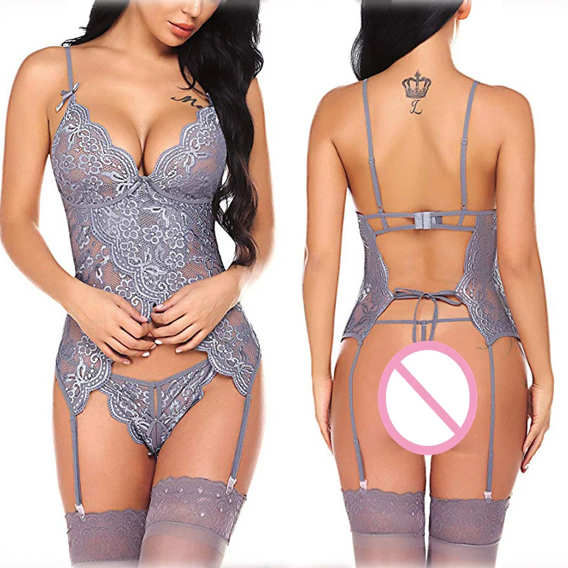 
Women sexy lingerie sets with Garter belt 2 piece lace teddy baby doll sexy body suit 