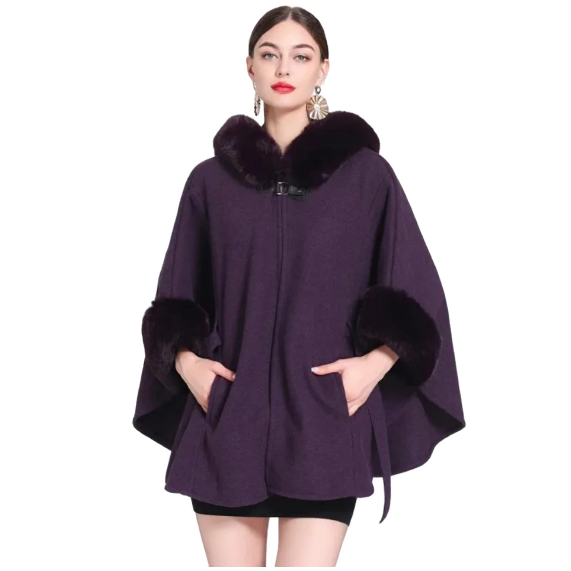 3 Colors Winter Warm Faux Woolen Poncho Belt Cape Women Rabbit Fur Big Batwing Sleeves Loose Long Cloak Coat With Hat