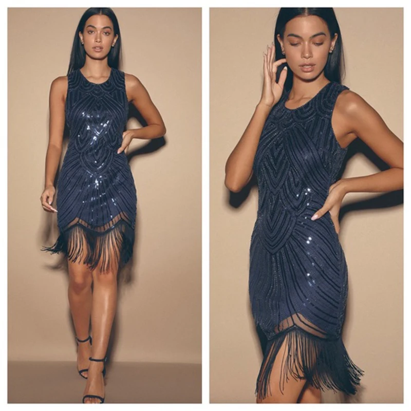 lady Full Glam Navy Blue Sequin Fringe Dress Rounded neckline sleeveless invisible back zipper closure prom night  Dress