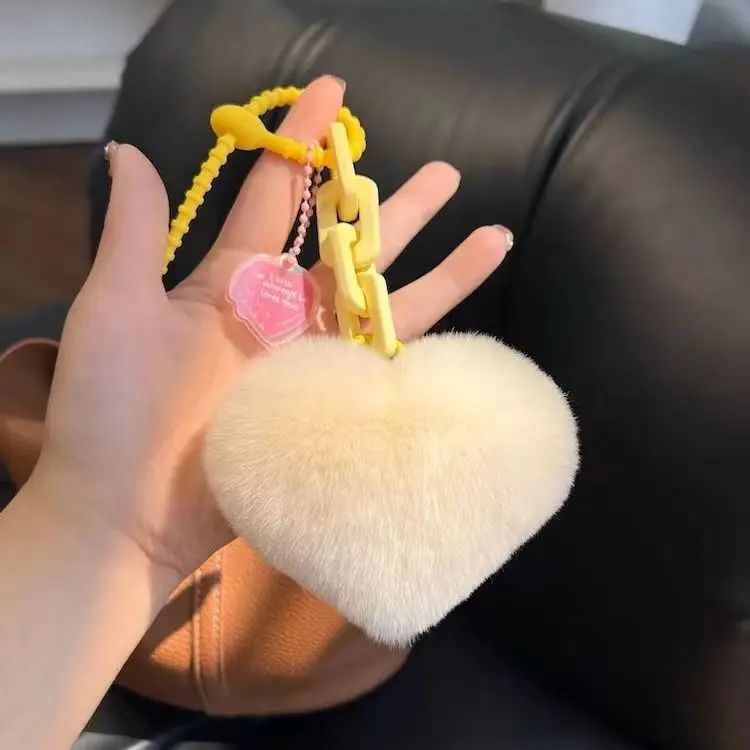 Peach Heart Chain Keychain Cute Imitate Rex Rabbit Fur Silicone Exquisite Schoolbag Pendant Plush Keyring