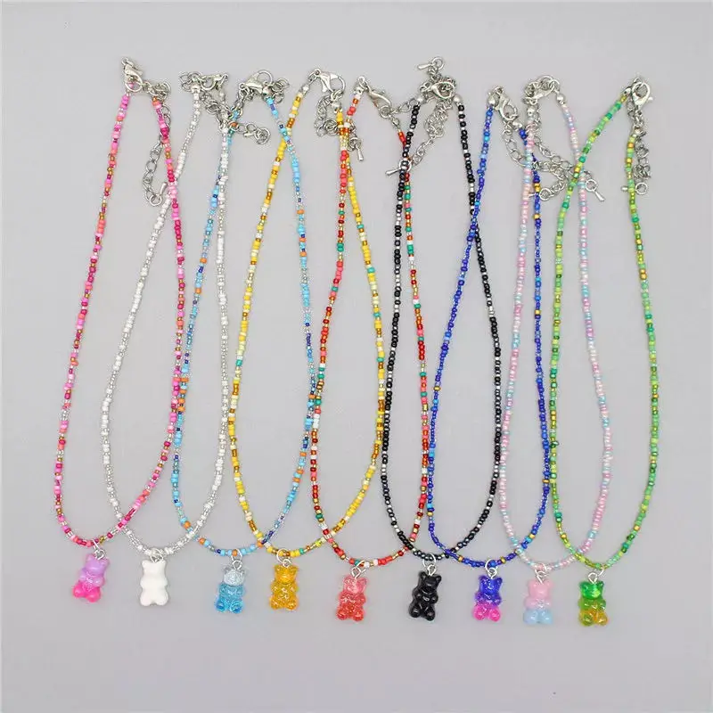New Bohemia Korean Lover Colorful Gummy Bear Pendant Choker For Women Girls Gifts Y2K Resin Multicolor Rice Beaded Necklace