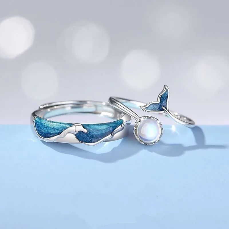 Trendy Silver Plated Enamel Dolphin Tail Couple Rings For Men Women Adjustable Open Wedding Engagement Lover Couple Jewelry