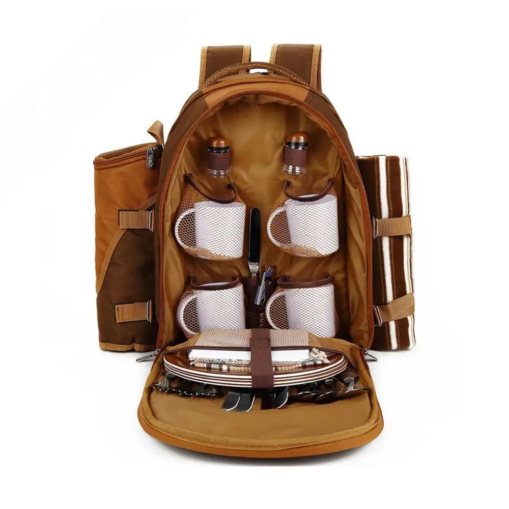 Picnic Backpack 4 Person Picnic Bag With Cooler Compartment Detachable Bottle Wine Holder Fleece Blanket Plates and Cutlery