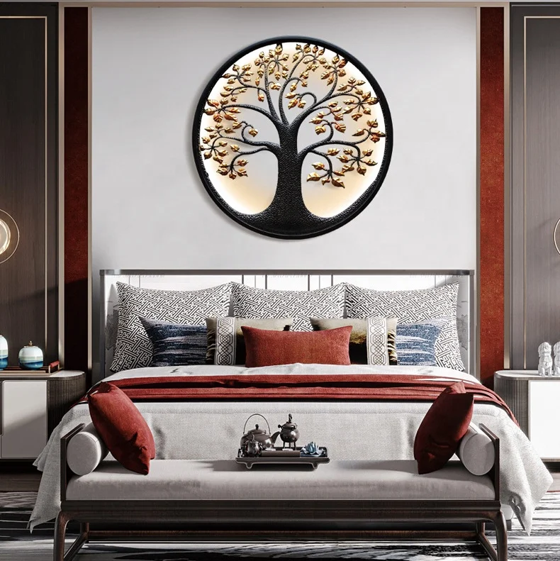 2022 New Trends Round Luxury Led Light Tree of Life Metal Wall Art Decoration