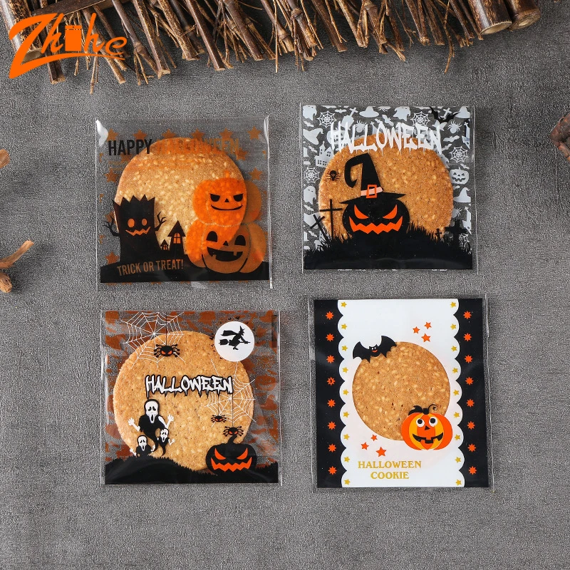 100 Pcs 10x10cm Halloween Plastic Candy Cookies Gift Bag Self Adhesive Snack Wrap Bag Halloween Party Decorations Kids Gifts