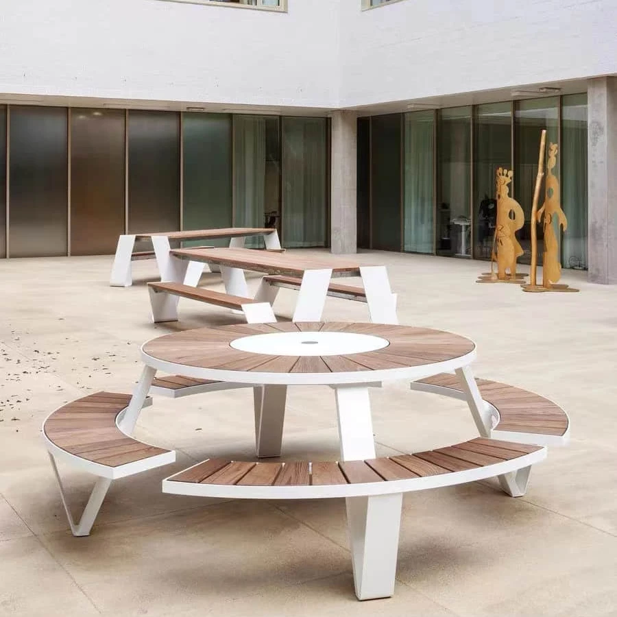 Street Round Bench Chair Table Set Restaurant Wooden Table Bench Seats Aluminum Modern Patio Picnic Bench