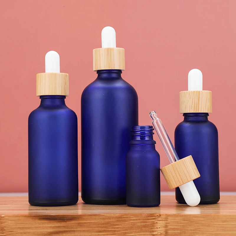 Hot Sale Frosted Matte Cobalt Blue Glass Dropper Bottle 30ml Boston Round Bottle with Silver Gold Cap Essential Oil Glass Bottle