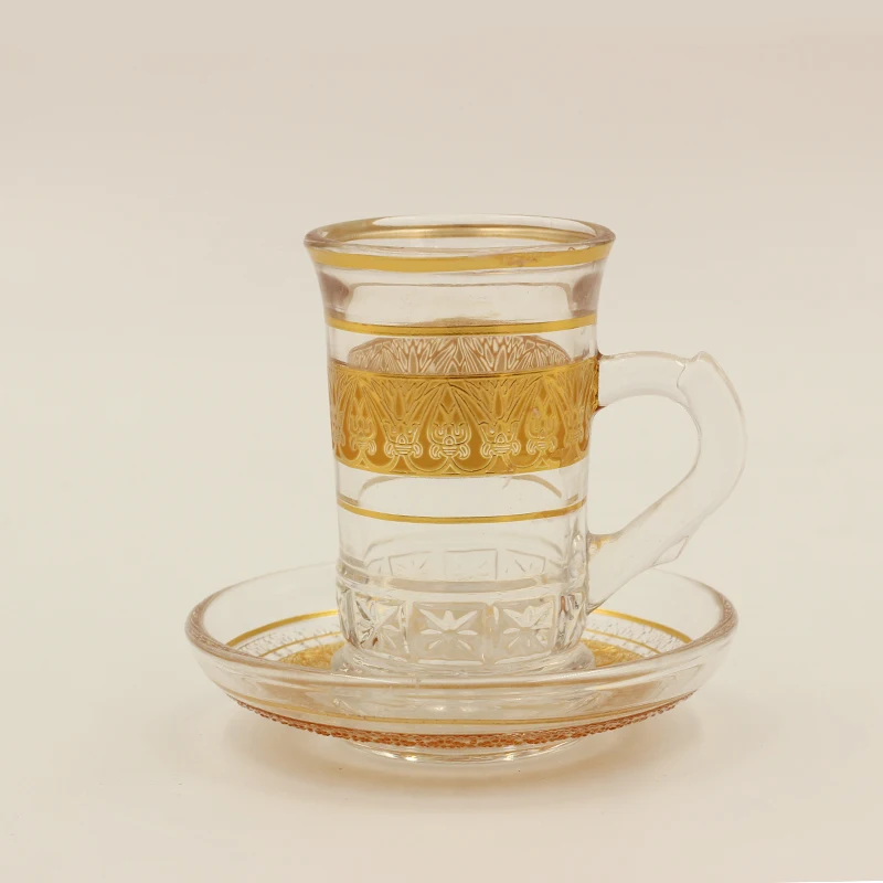 Clean glass handmade blown arabic turkish tea cup sets golden line