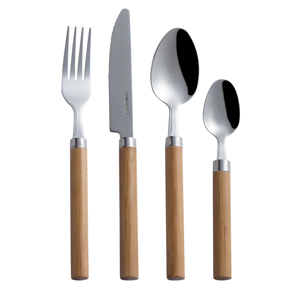 Natural Bamboo Flatware Wood Handle cutlery set stainless steel 304 mirror polish luxury real bambu silverware set