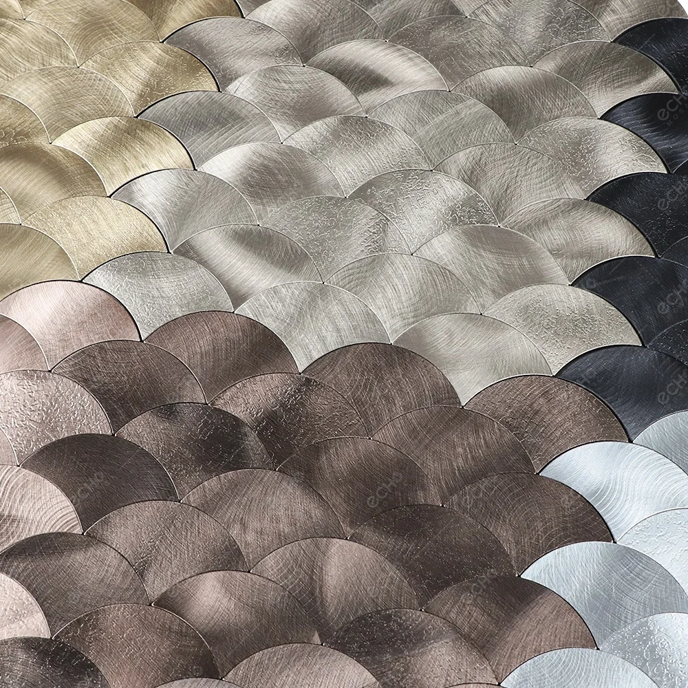 Embossed Fish Scale Gunmetal Gray Aluminum Mosaic Peel and Stick Metal Tile Backsplash for Camper Rental House Decoration