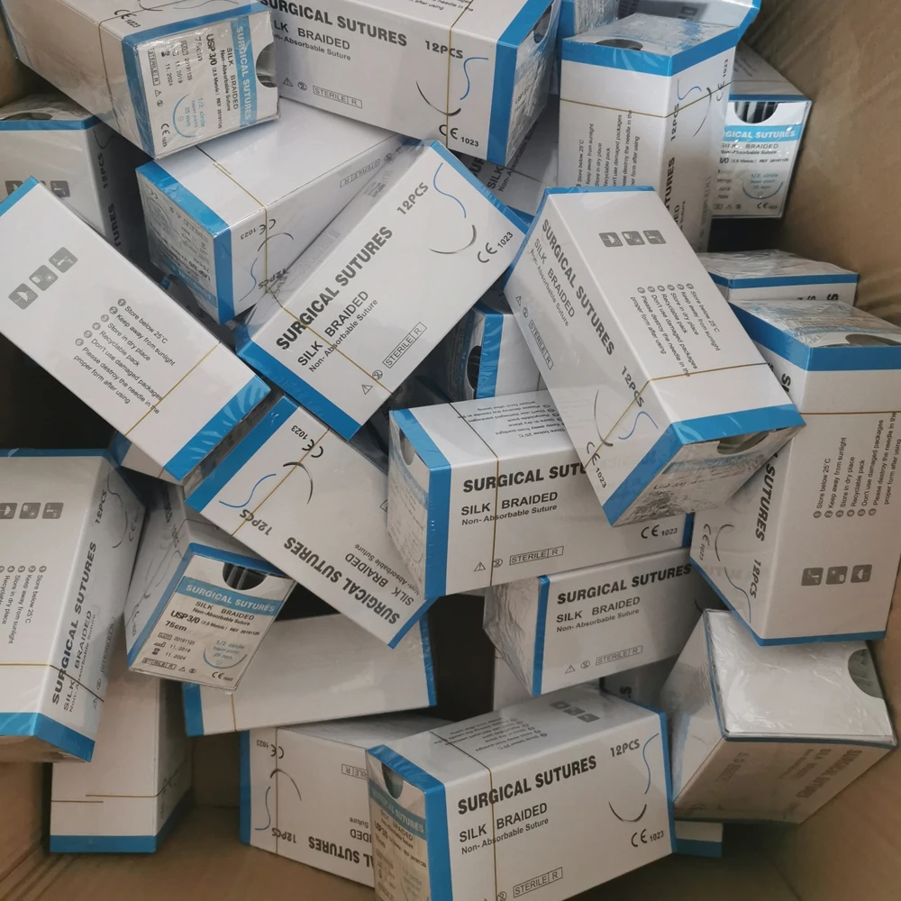 non-absorbable surgical braided multifilament black silk suture with cutting edge needle