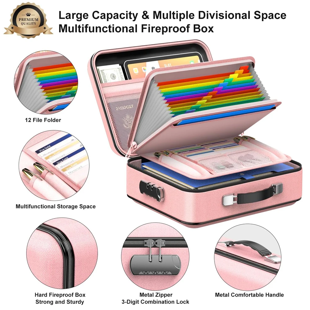 New Office Business Hard Shell Portable Travel Security Fireproof Expanding Waterproof Document Bag With Lock Pink Briefcase
