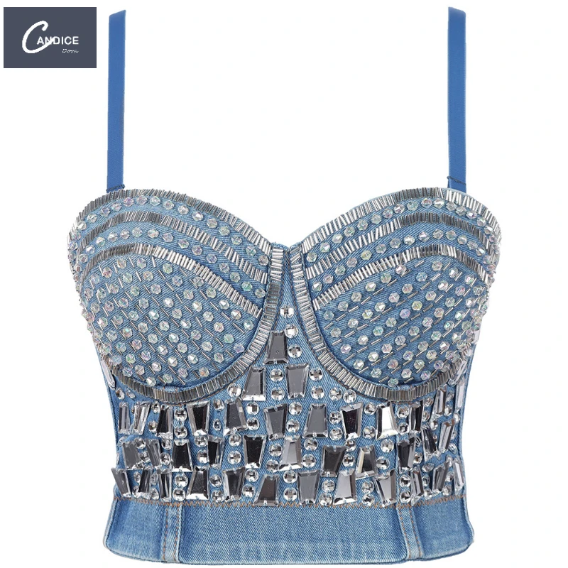 Candice beaded shaping celebrity fashion outerwear stage costumes padded camisole denim rhinestone corset top