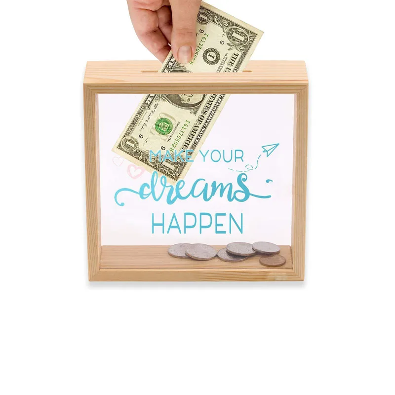 Piggy Banks for Adults Decorative Shadow Box Wooden Frame Coin Bank Money Bank Natural Wood Money Box