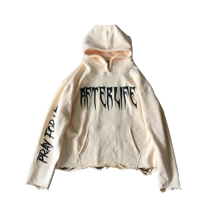 Wholesale Streetwear Puff Printing No String Cut Edge Hoodies Custom Logo 100% Cotton Raw Hem Hoodie For Men