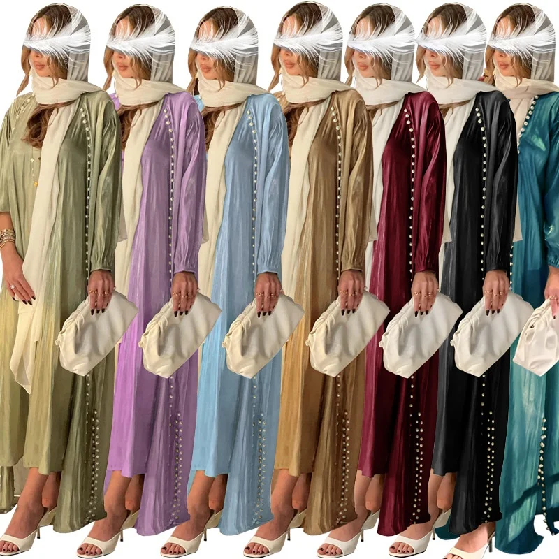 China wholesale satin silk  two piece abaya elegant two piece muslim dress women beaded two piece set abaya