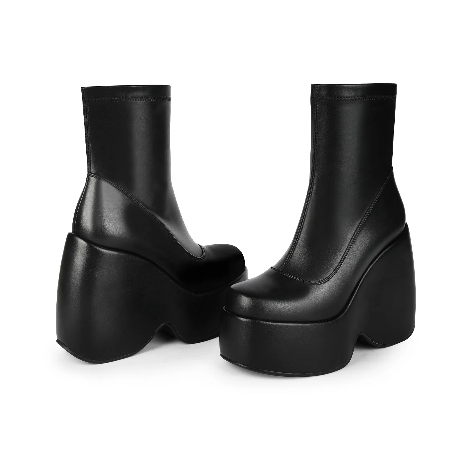 WETKISS 2022 Custom Goth Shoes Black Stretch PU Boots High Platform Ankle Boots Women Wedge Boots Wholesale