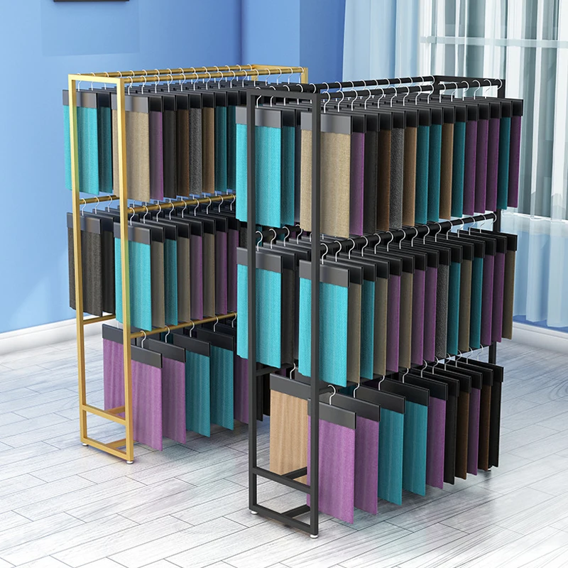 Golden Floor Home Textile Curtain Metal Exhibition Easy to Assemble Shelves, Multi Layer Leather Fabric Sample Display Rack