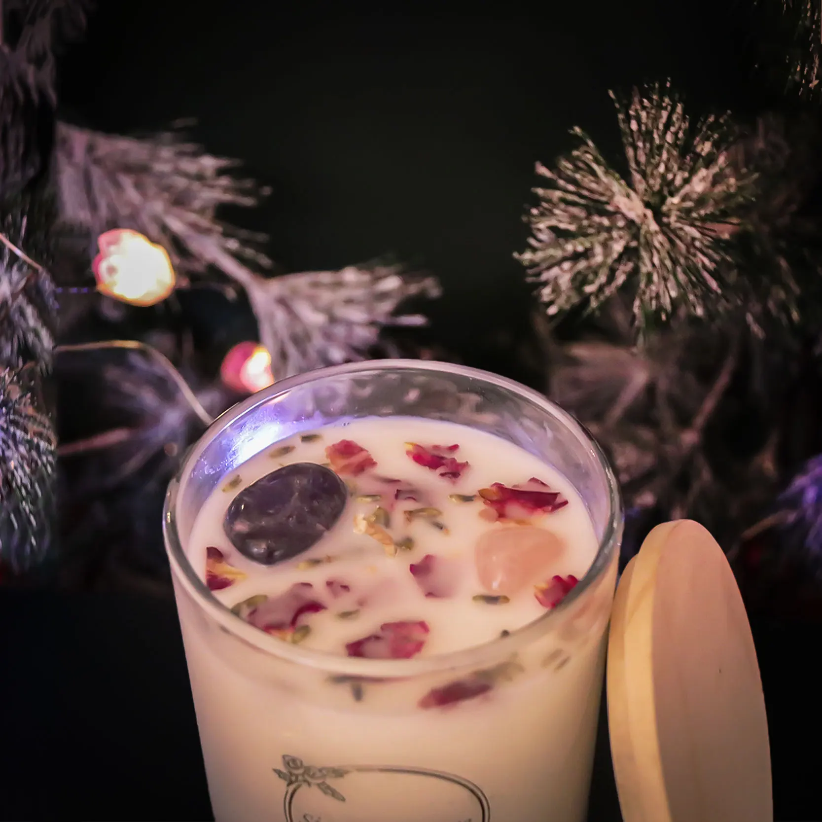 Glass Jar Wood Lids 200g Natural Soy Wax Crystal Scented Candle with gems stone inside