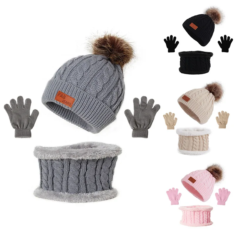 Children Winter Hat 3 Piece Boy Girl Knit Hat Cute Boys Girls Baby Hats Winter Beanie On Sale