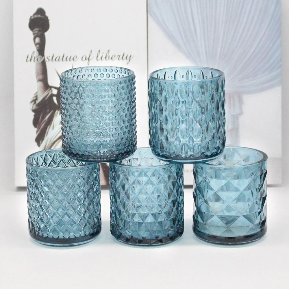 FENGJUN  wholesale custom various pattern design 8 oz  translucent embossed surface textured bule brown glass candle jar vessel