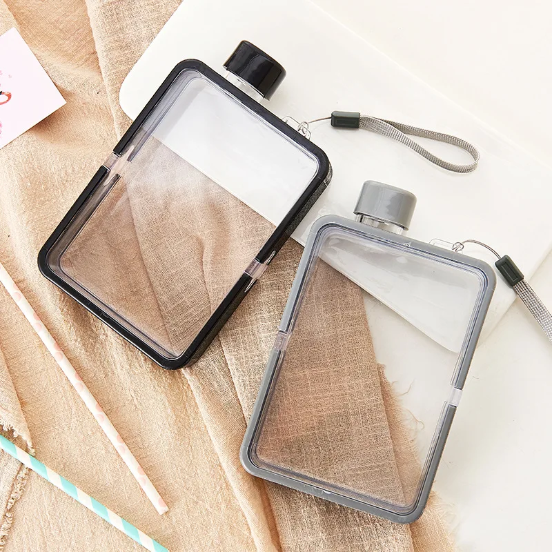 380ml Square Transparent Sports Drinking Bottle Portable A5 Flat Notebook Water for Travel