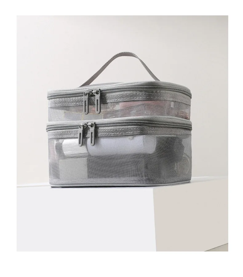 Wholesale Two Layer Grey Mesh Cosmetic Bags Toiletries Makeup Pouches Recycling Mesh Zipper Bag Nylon Mesh Bag Travel Pouch