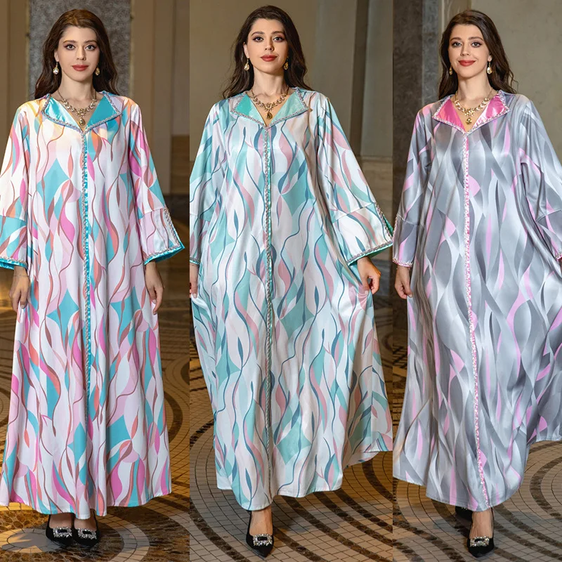 Dubai White Printed Kaftan V Neck Long Sleeve Jalabiya Fashion Abaya Muslim Turkish Arabic Clothes Maxi Dresses for Women