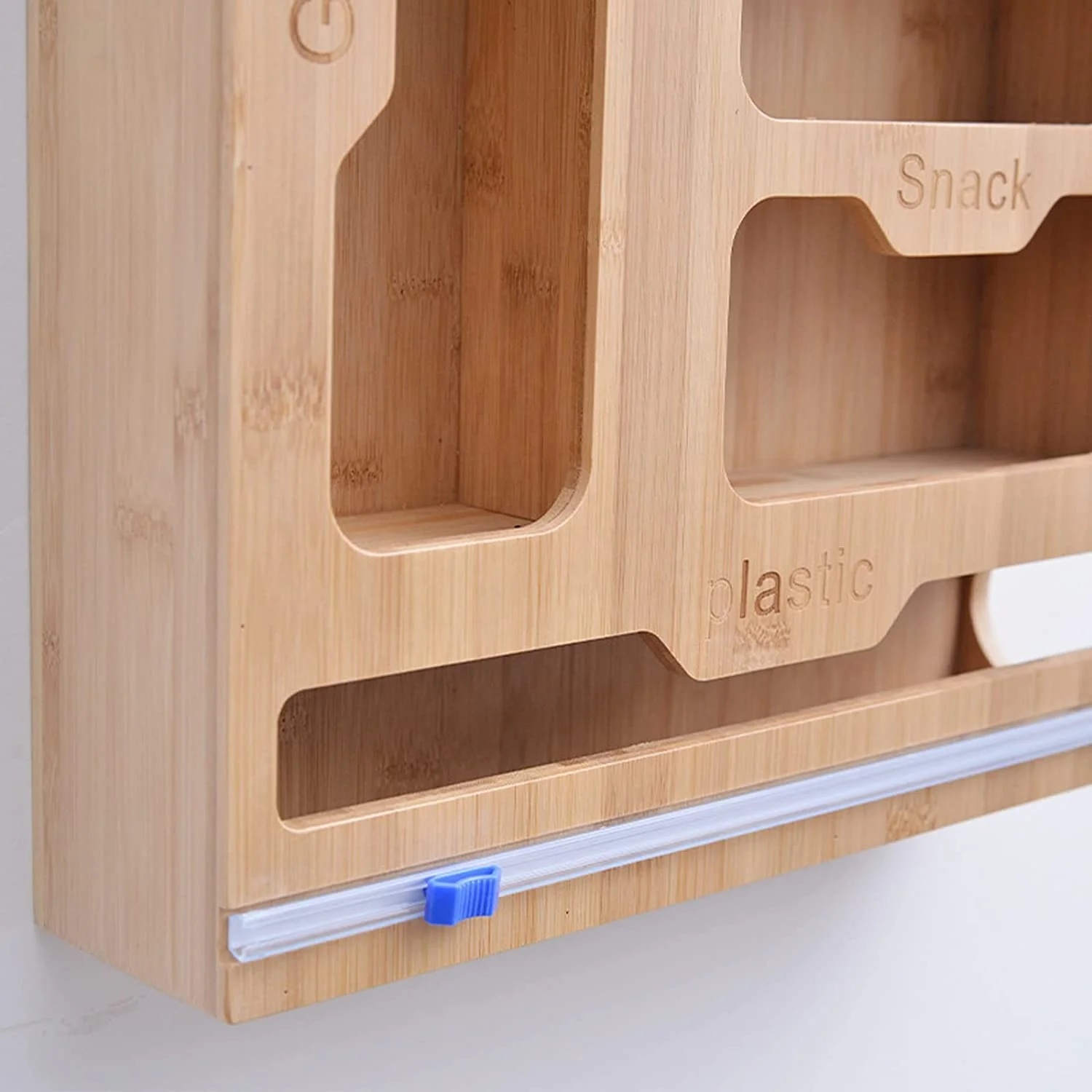 Wall Bamboo Food Ziplock Bag and Plastic Wrap Foil Storage Organizer and Dispenser for Kitchen Drawer