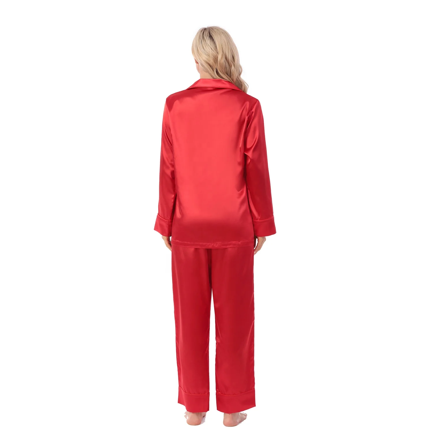 New Style Women Silk Satin Long Sleeve Pajamas Set with Same Color Piping and Buttons