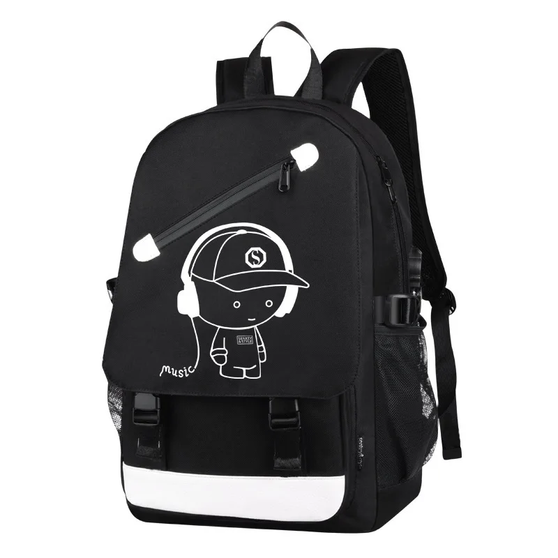 Unisex Noctilucent Backpack Casual 14-Inch Polyester Lined Shoulder Bag Zipper Closure Waterproof School Bag Featuring Cartoon