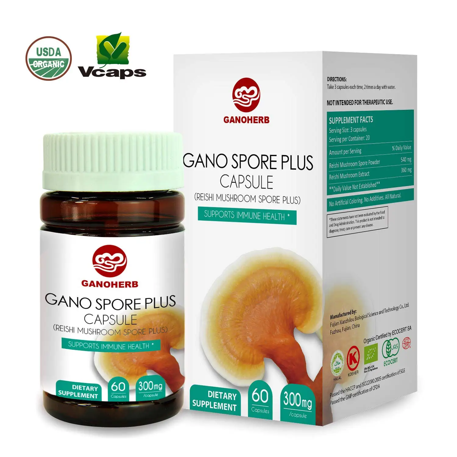 GanoHerb Reishi Mushroom Spore Capsules   Organic Ganoderma Lucidum Extract Supplement for Immune Support and Overall Wellness