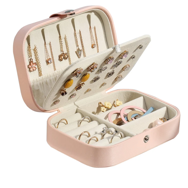 Elegant Style Textured Pu Leather High End Simple White Navy Blue Pink Button Jewelry Box Small Bag For Earring Ring