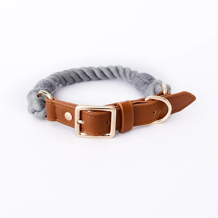 Wholesale & Dropshipping ECO Design Luxury Fashion Reversible Fancy Gold Buckle Braided Dark Rope Vegan Leather Pet Dog Collar