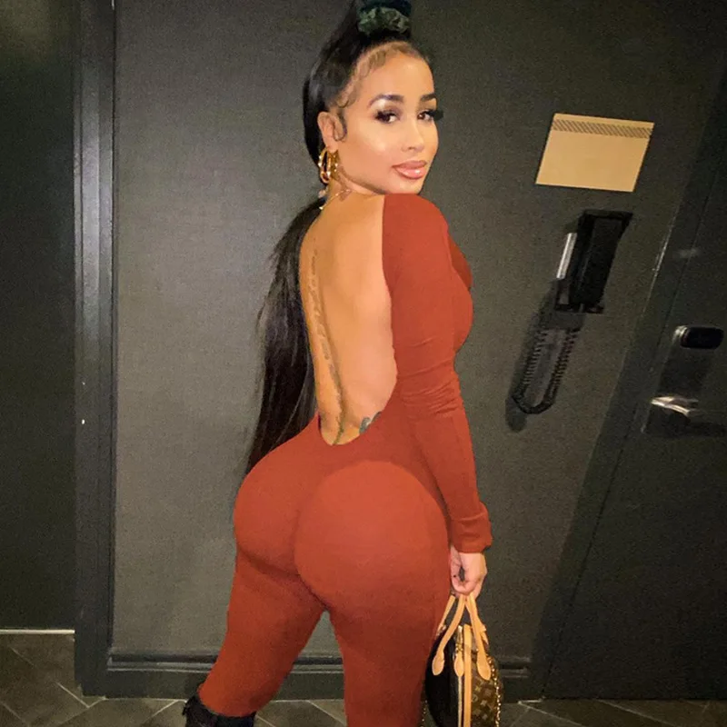 European American Style Women Solid Color Hollow Open Back One-piece Plus Size Jumpsuits