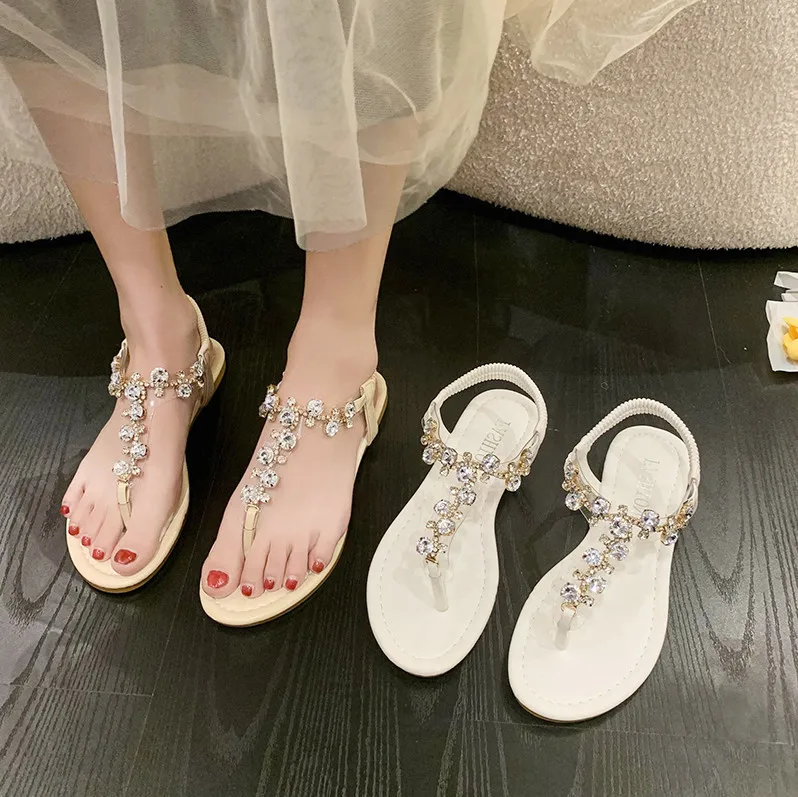 Summer Woman Flat Sandals Fairy Style Rhinestone Chain Thong Flats Bottom Clip-on Girl OuterWear Fashion Beach Shoes