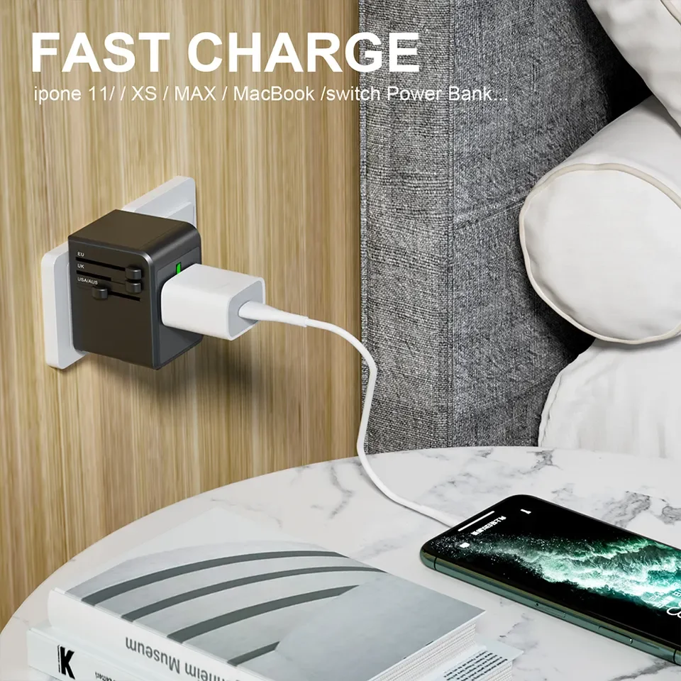 Worldplug International Travel Power Adapter 1 USB Port 4-Outlet Universal Travel Wall Charger GAN 1 USB 4C Adapter Electrical