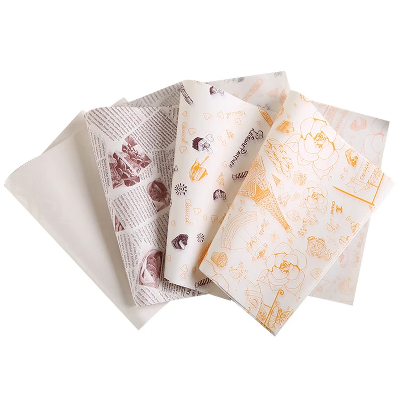 
Stock cake rolls custom printed greaseproof paper coated pastry tray baking packaging dinner plate paper burger paper 