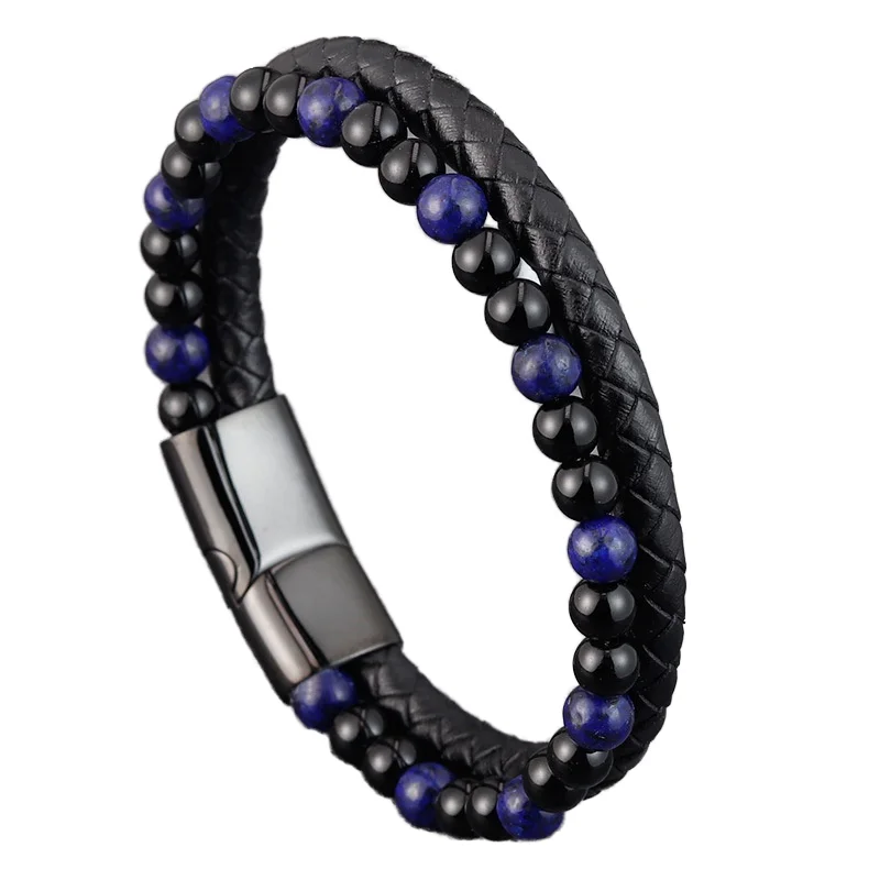 New Rope Bracelets Stainless Steel Ball Stone Arm Band for Men Wrist Bangle Accessory Genuine Leather Onyx Bead Bracelet Jewelry