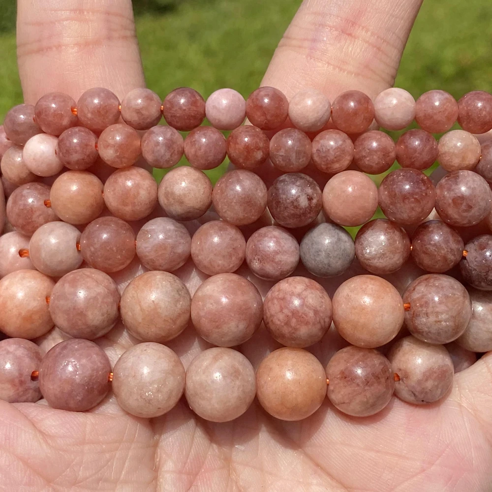 AsVrai U A+ Natural Stone Sunstone Bead Pink Smooth Round Loose Spacer Beads for Jewelry Making Supplier DIY Charm Bracelet 15'