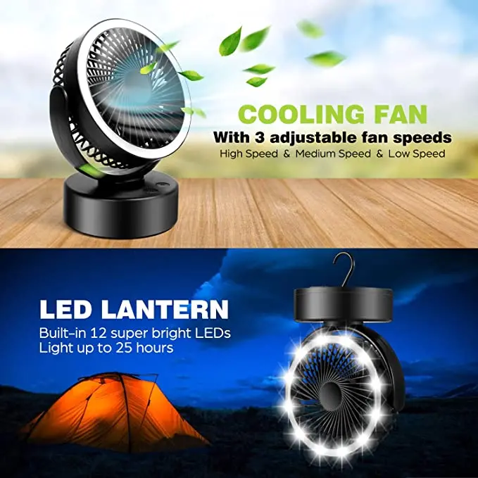 Portable USB Rechargeable Camping Led Fan Lantern For Tent, Hanging Hook Camping Hiking Light with Ceiling Fan