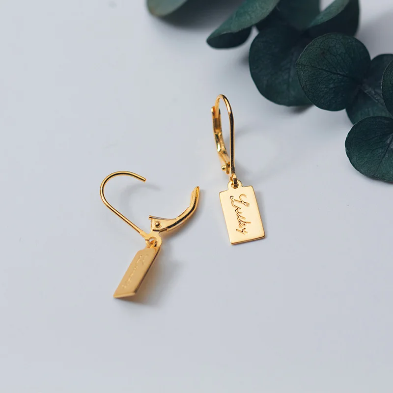 Stylish Personalized Lucky Charm Earrings Gold Plated S925 Sterling Silver Jewelry For Women Rectangle Etch LUCKY Drop Earrings