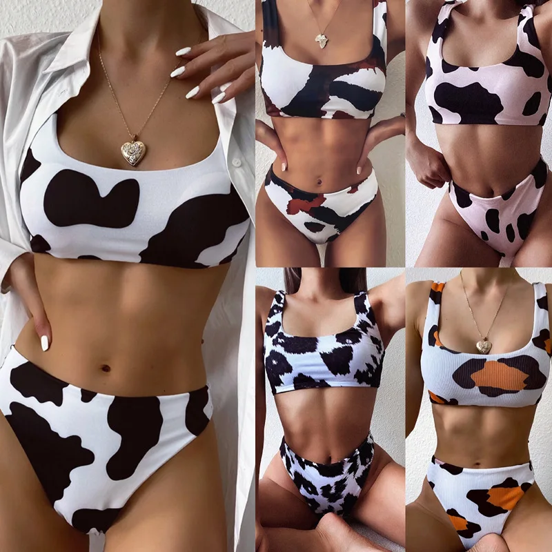 Brand New Wholesale Cow Printed Leopard Sexy Bikini High Waist Swimsuit Fancy Two Piece Women Set