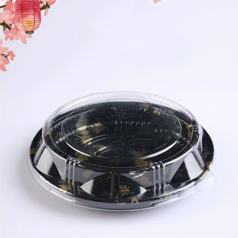 Custom Round Disposable Takeaway Sushi Tray Fast Food Plastic Container Packaging Sushi Box Trays With Transparent Lid