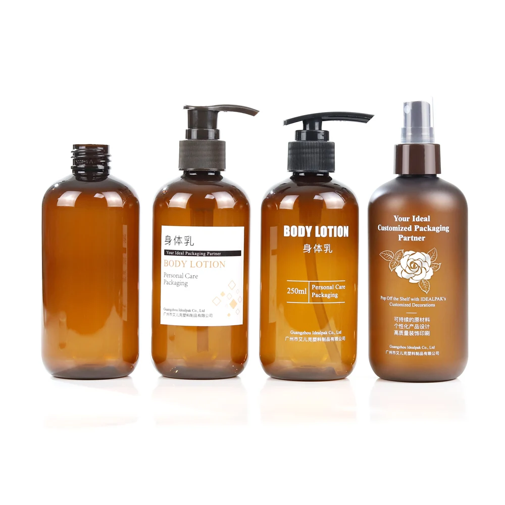 Idealpak поставщик косметической упаковки оптовая продажа бостонские круглые бутылки объемом 100 мл ПЭТ янтарные пластиковые для лосьона