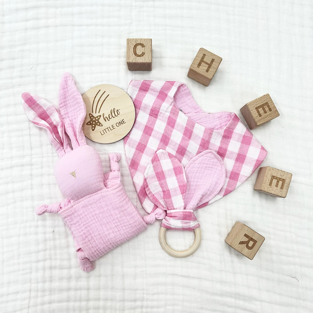 CHEER Soft Muslin Organic Cotton Baby Stuffed Animal Bunny Security Comforter Toy Blanket Set For Babies Gift Set