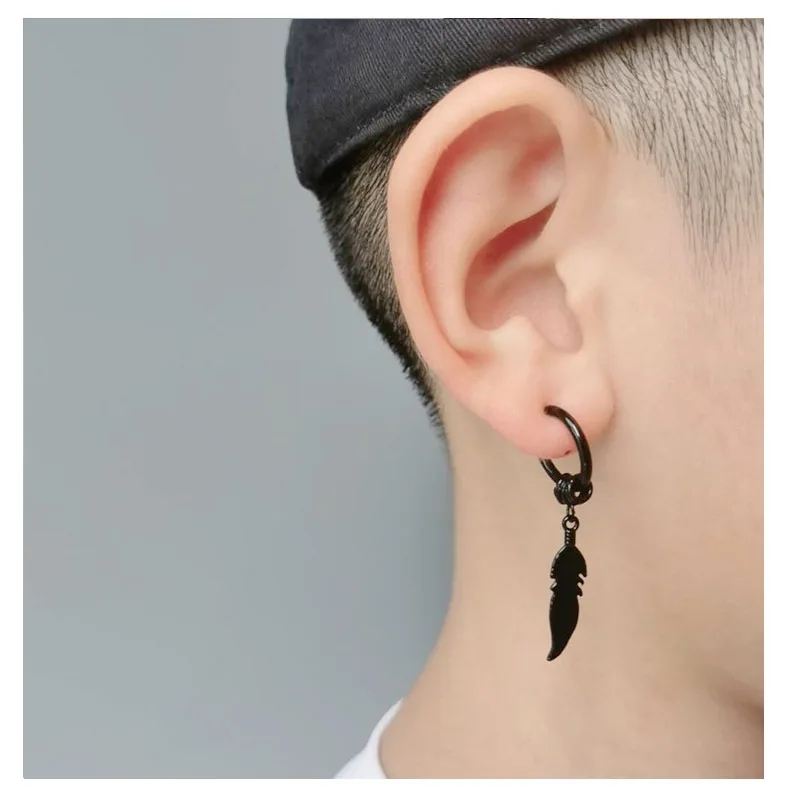 Punk Vintage Fashion Rock Style High Quality Stainless Steel Hip Hop Feather Stud Earrings For Men